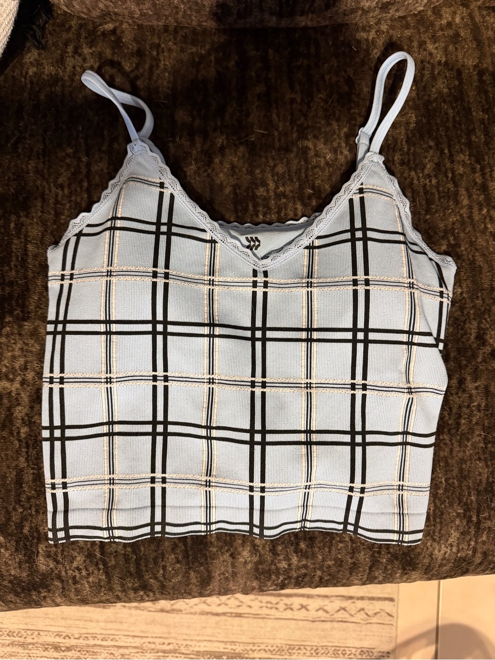 all in motion Light Blue Plaid Lace-Trim Cami